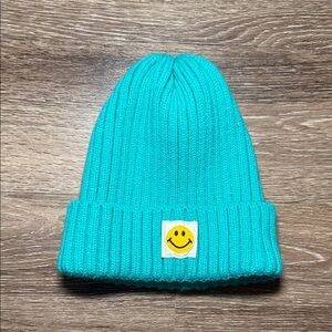 Turquoise Beanie with Smiley Patch